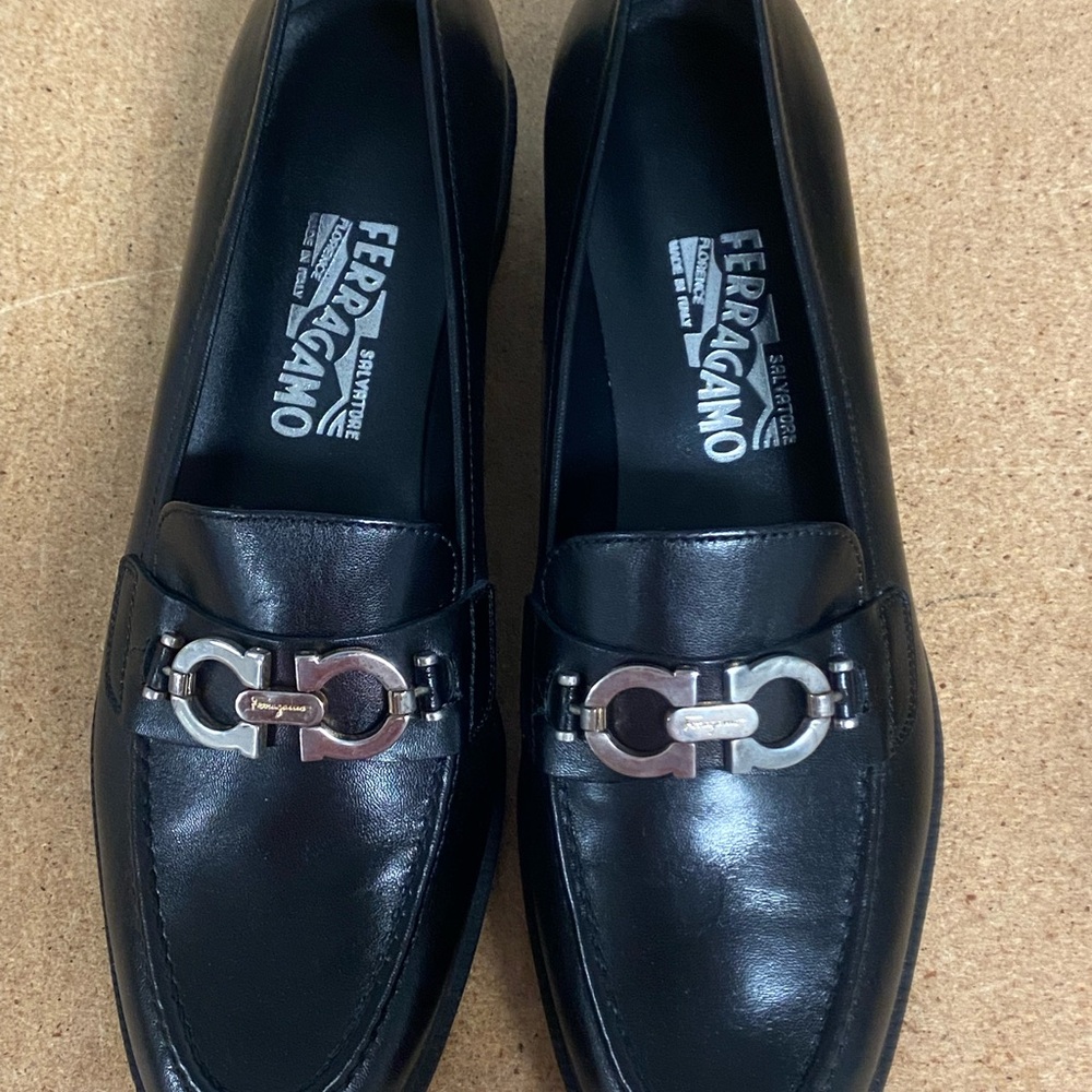 Salvatore Ferragamo Black Leather Slip-On Loafers with Silver Hardware